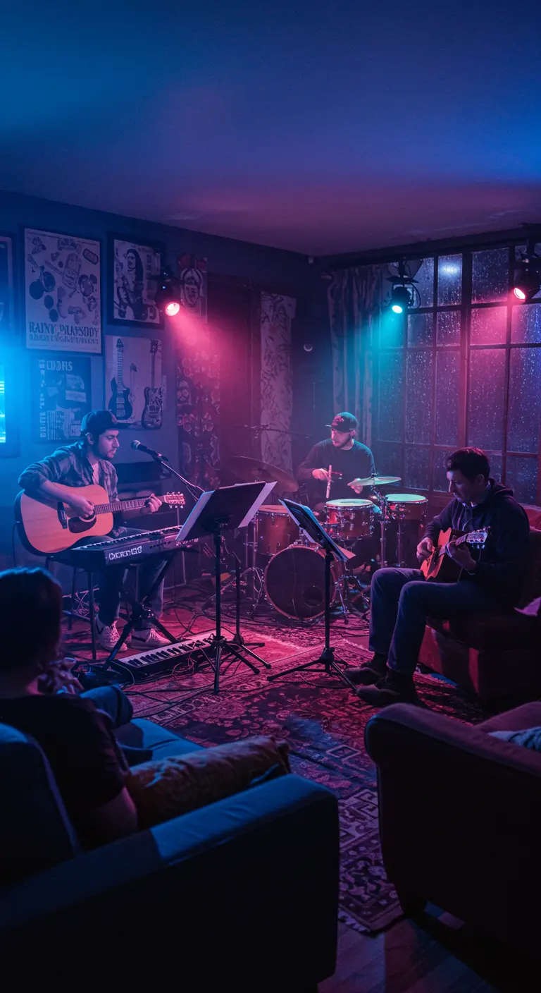 Sfeervol verlichte woonkamer met een band die speelt voor een klein publiek.