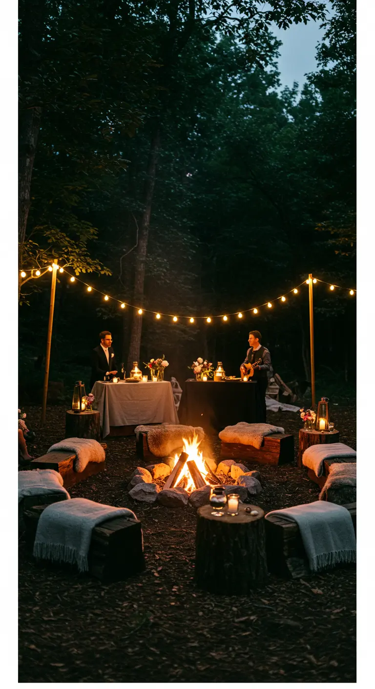 Intiem diner bij een kampvuur in het bos, met stringlights en lantaarns.