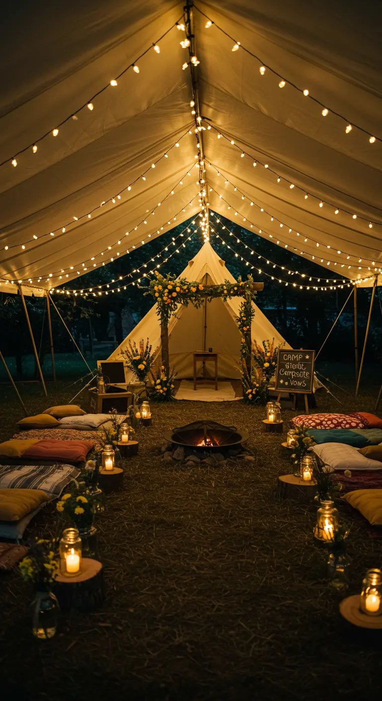 Trouwceremonie in tent met lichtslingers, kussens, dekens en kampvuur sfeer.