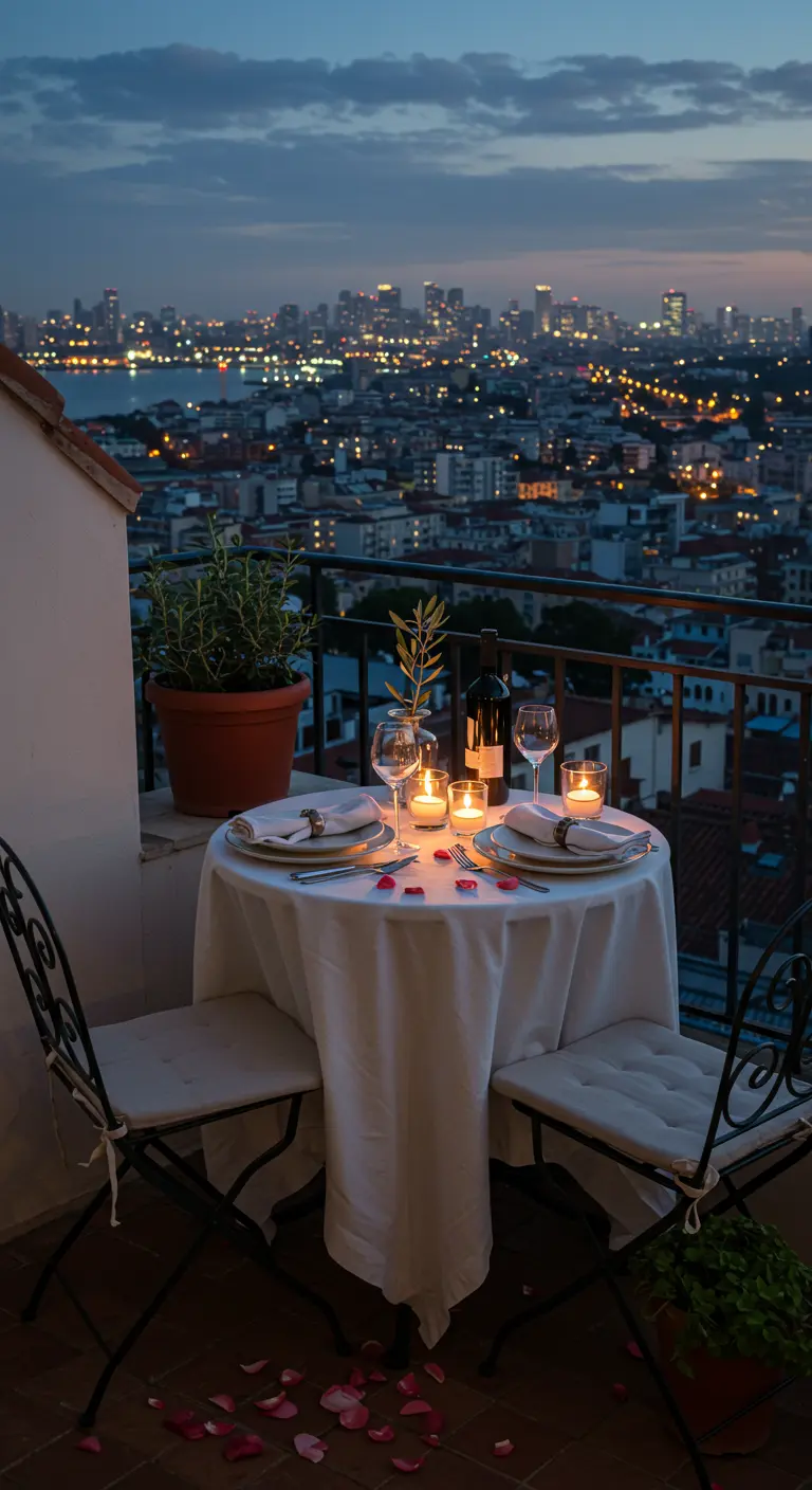 Kleine ronde tafel op balkon met kaarsen, rozenblaadjes en stadszicht bij schemering.