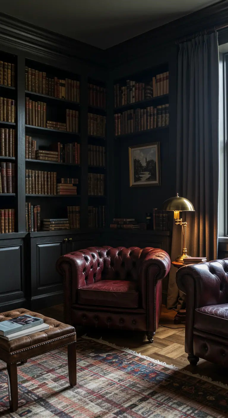 Donkere bibliotheekhoek met zwarte boekenkasten, bordeauxrode leren fauteuils en messing lamp.