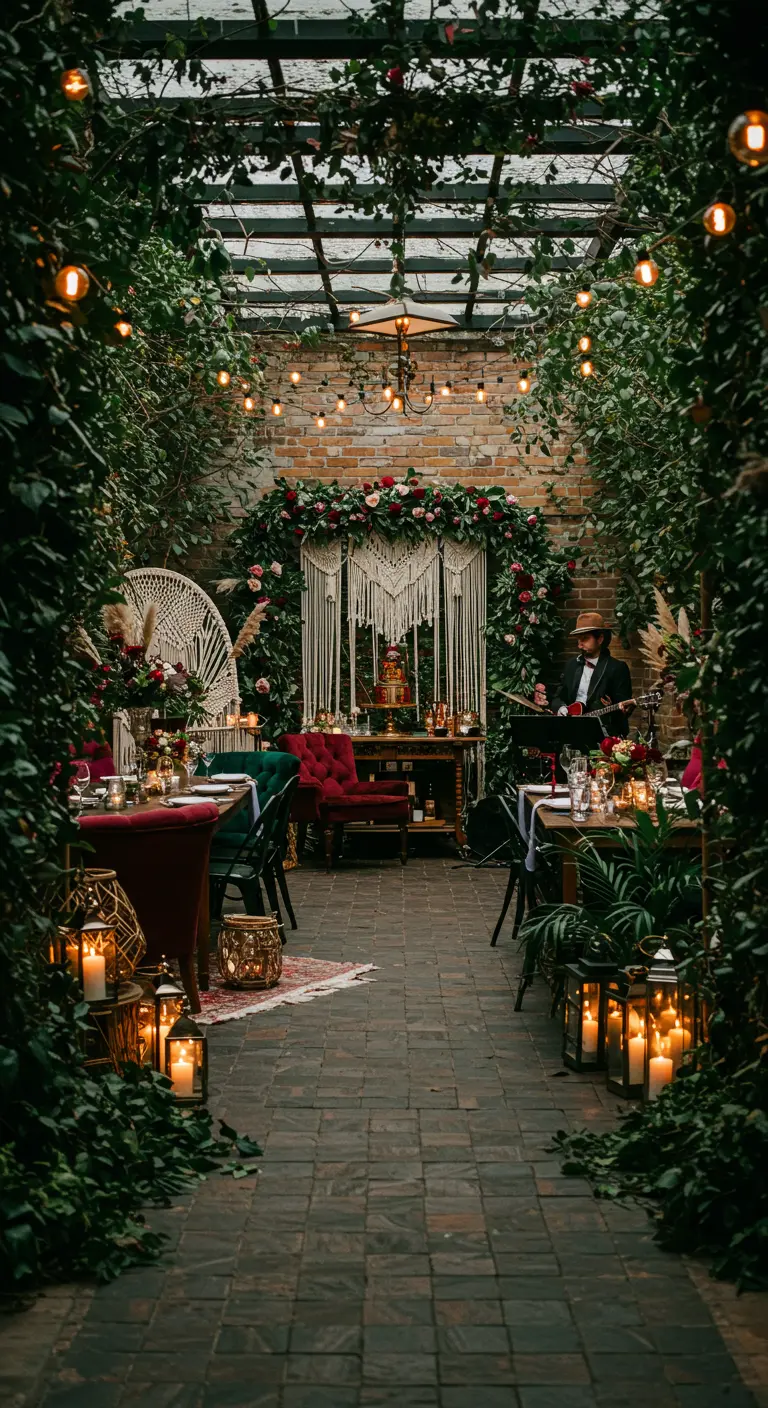 Sfeervolle binnenplaats bruiloft met macramé backdrop, fluwelen meubels en veel kaarslicht.