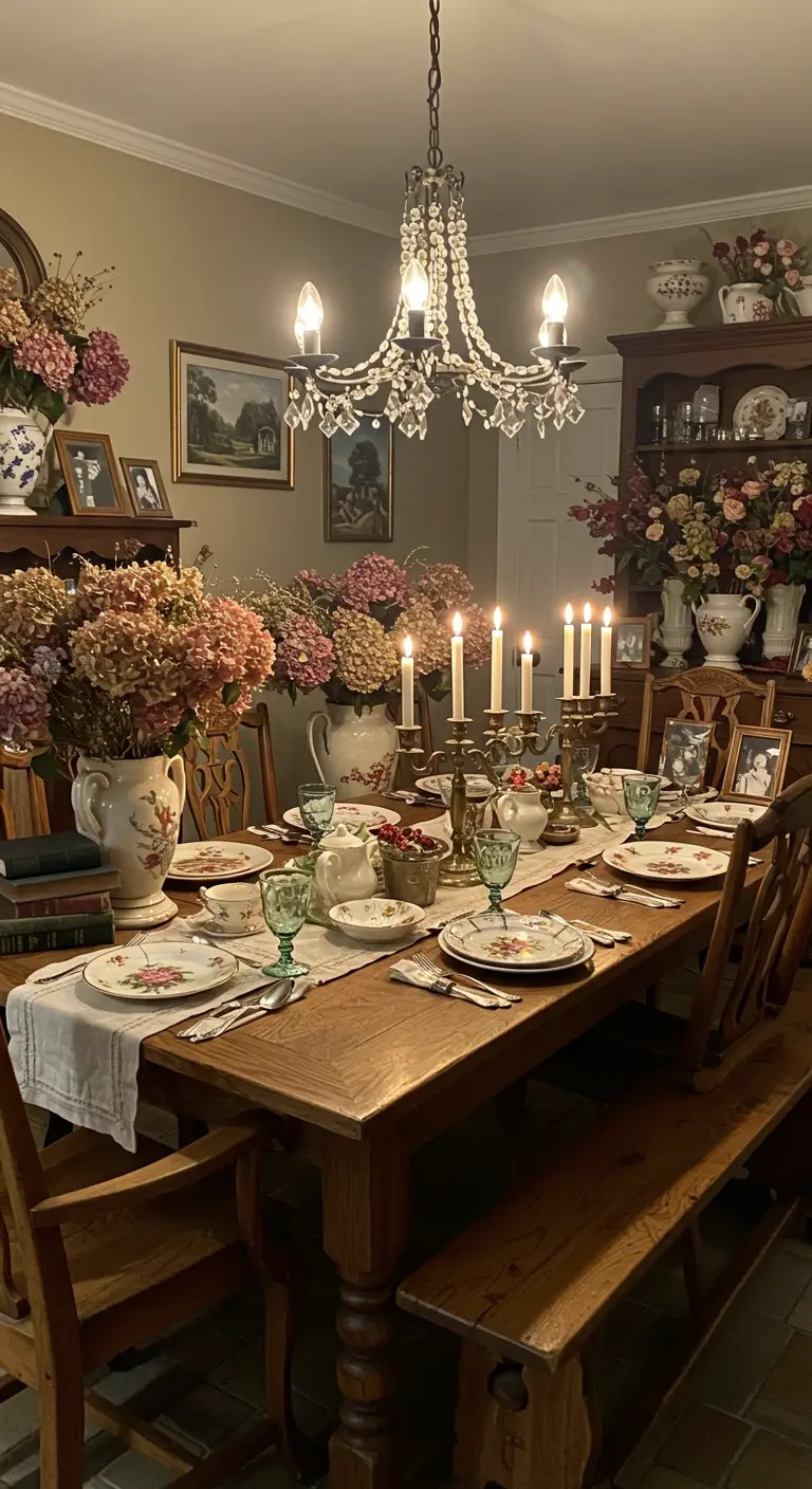 Elegante eetkamer met vintage borden, gedroogde hortensia's en kristallen kandelaren.