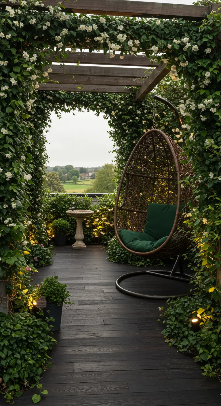 Groene dakterrasgang met eivormige hangstoel, klimplanten over pergola en donkere houten vloer met verlichting.