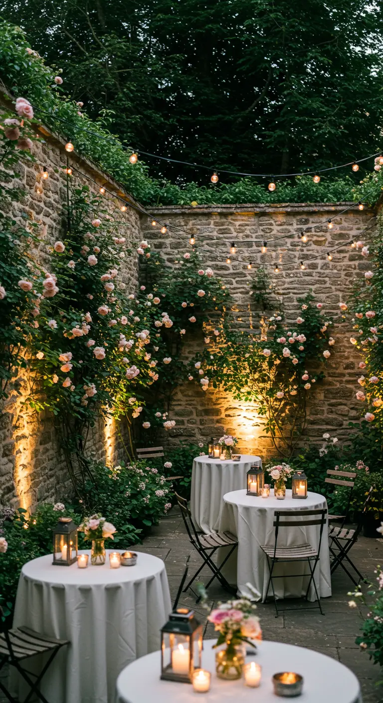 Ommuurde tuin met ronde tafels, lichtslingers en bloeiende rozen.