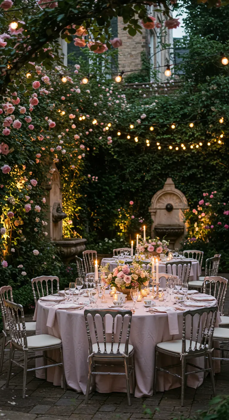 Intieme trouwreceptie in rozentuin met ronde tafels, roze linnen en lichtslingers.