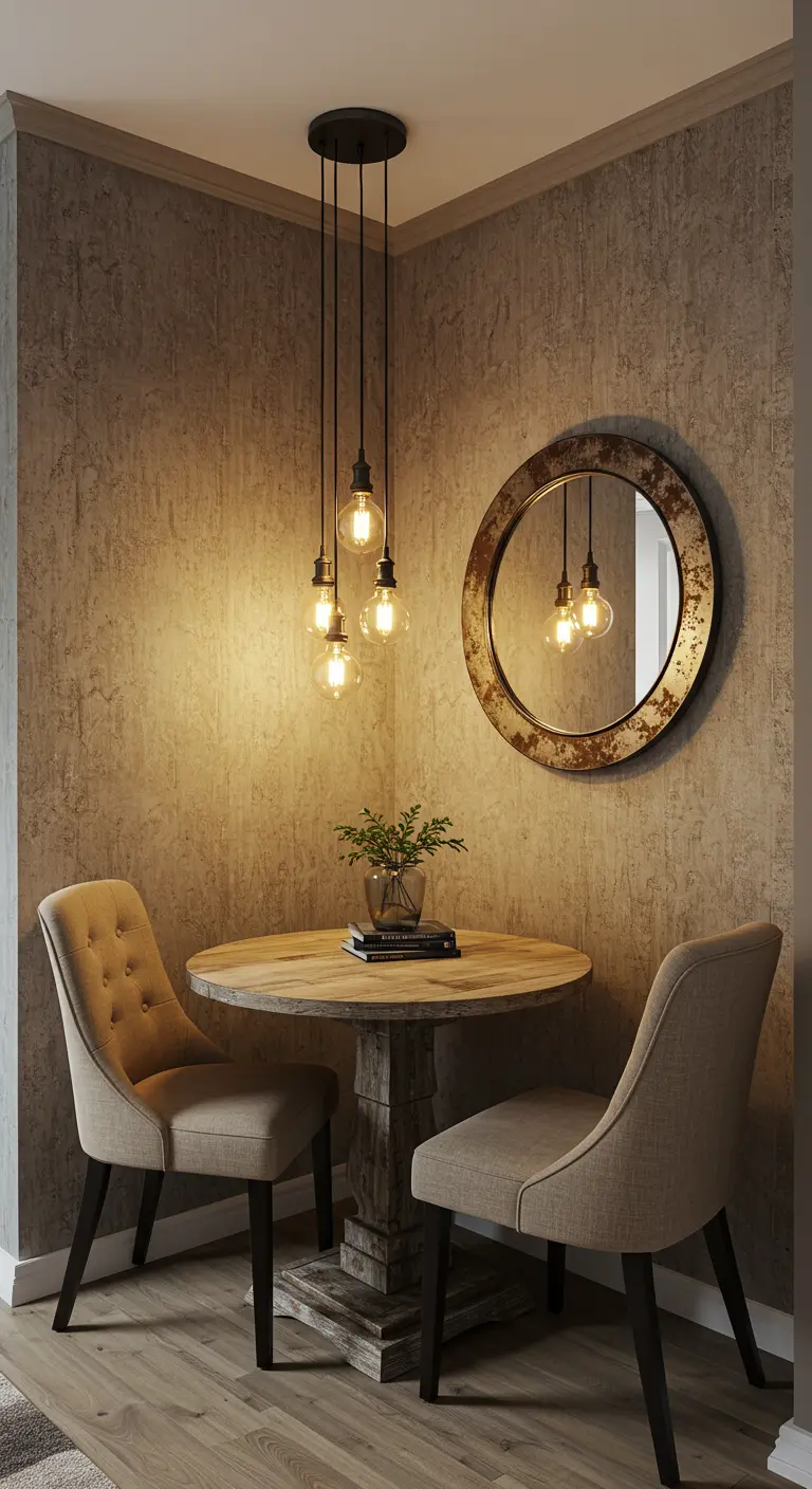 Rustieke eethoek met ronde houten tafel, gestoffeerde stoelen, ronde spiegel en clusterhanglampen.