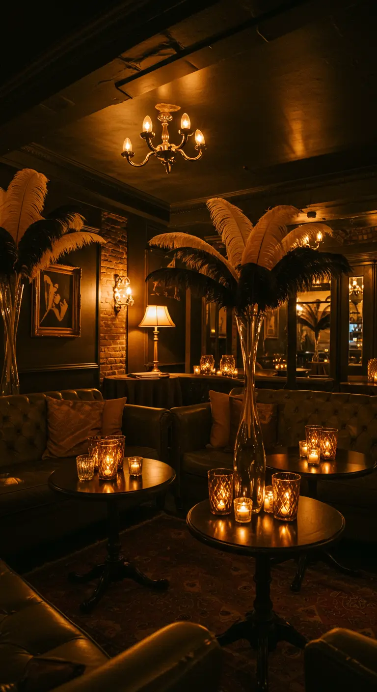 Donkere lounge met veren, kaarsen in amberkleurige houders.