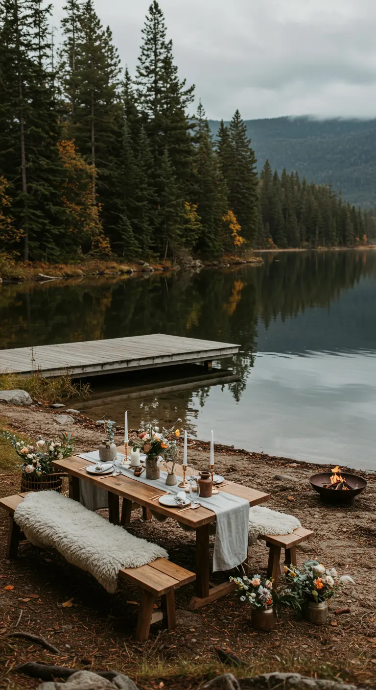 Intiem bruiloftsdiner aan een meer met houten tafel, schapenvachtjes en vuurkorf.