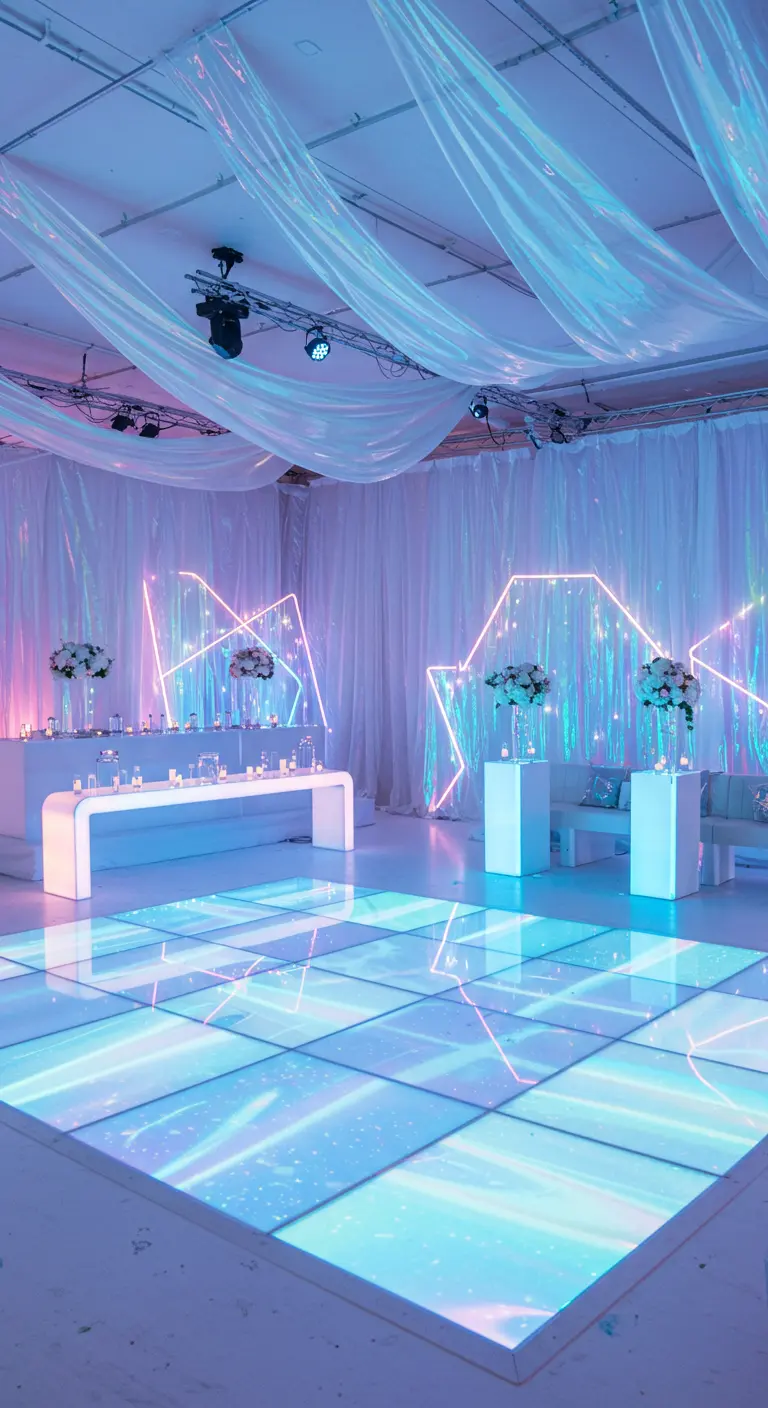 Moderne feestruimte met iriserende doeken, neonlichten en verlichte dansvloer.