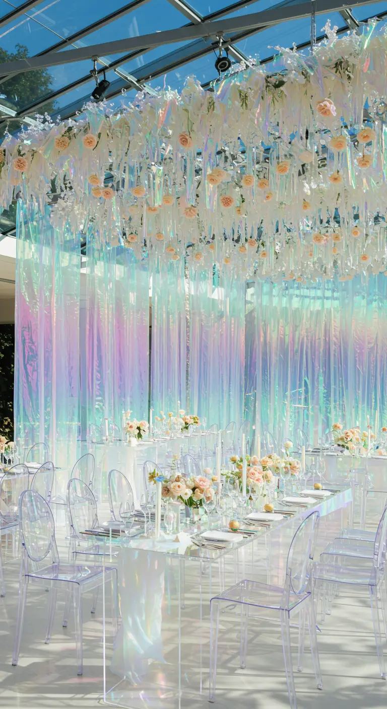 Grote, lichte zaal met iriserende gordijnen en hangende bloemdecoraties in pastelkleuren