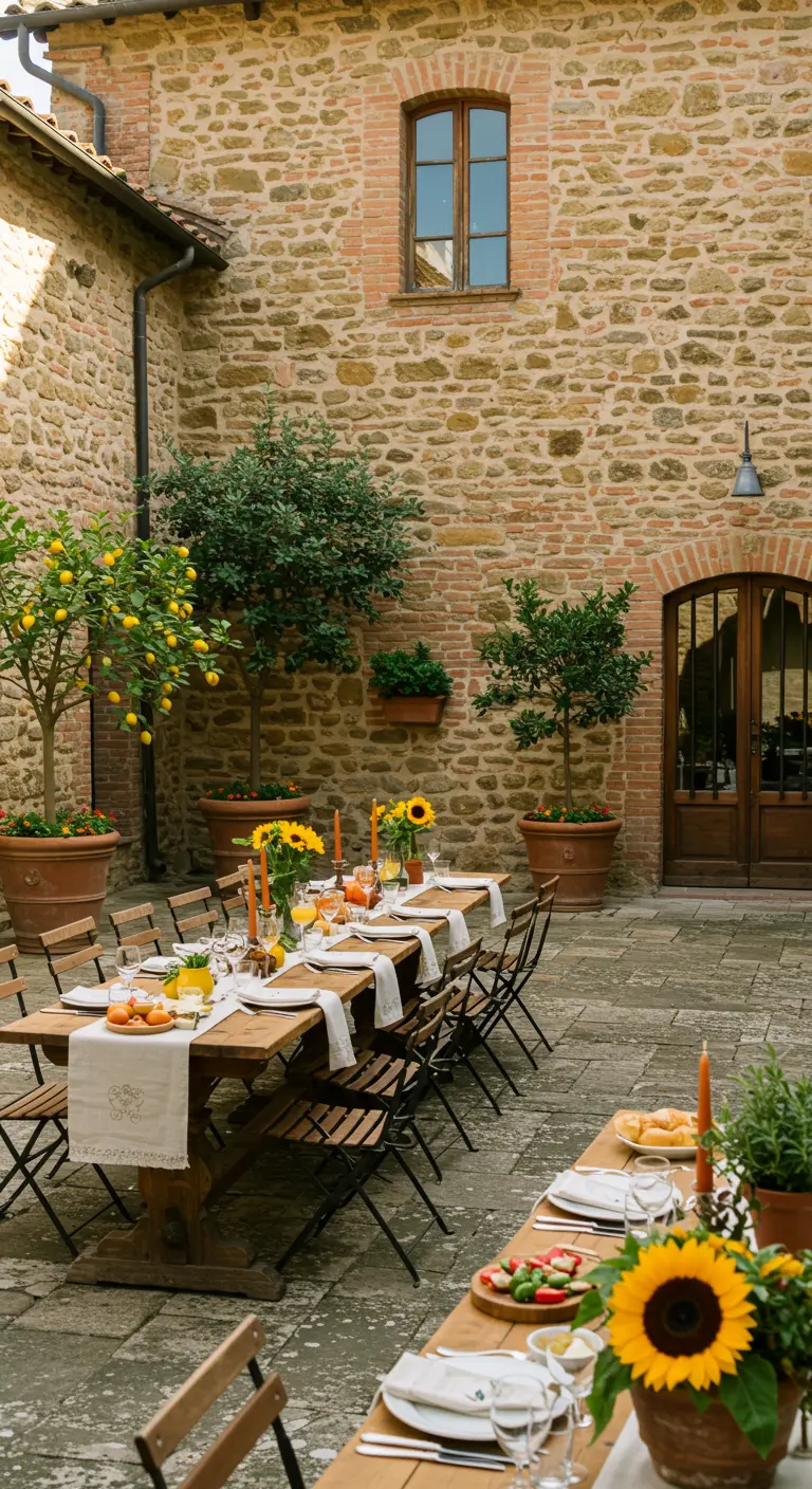 Lange houten ontbijttafels op Italiaanse binnenplaats met zonnebloemen en citrusbomen.