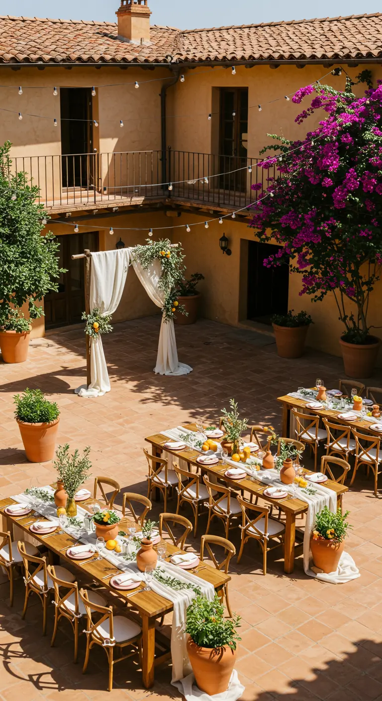 Toscaanse bruiloftssetting op binnenplaats met lange tafels, citrusvruchten en lichtslingers.