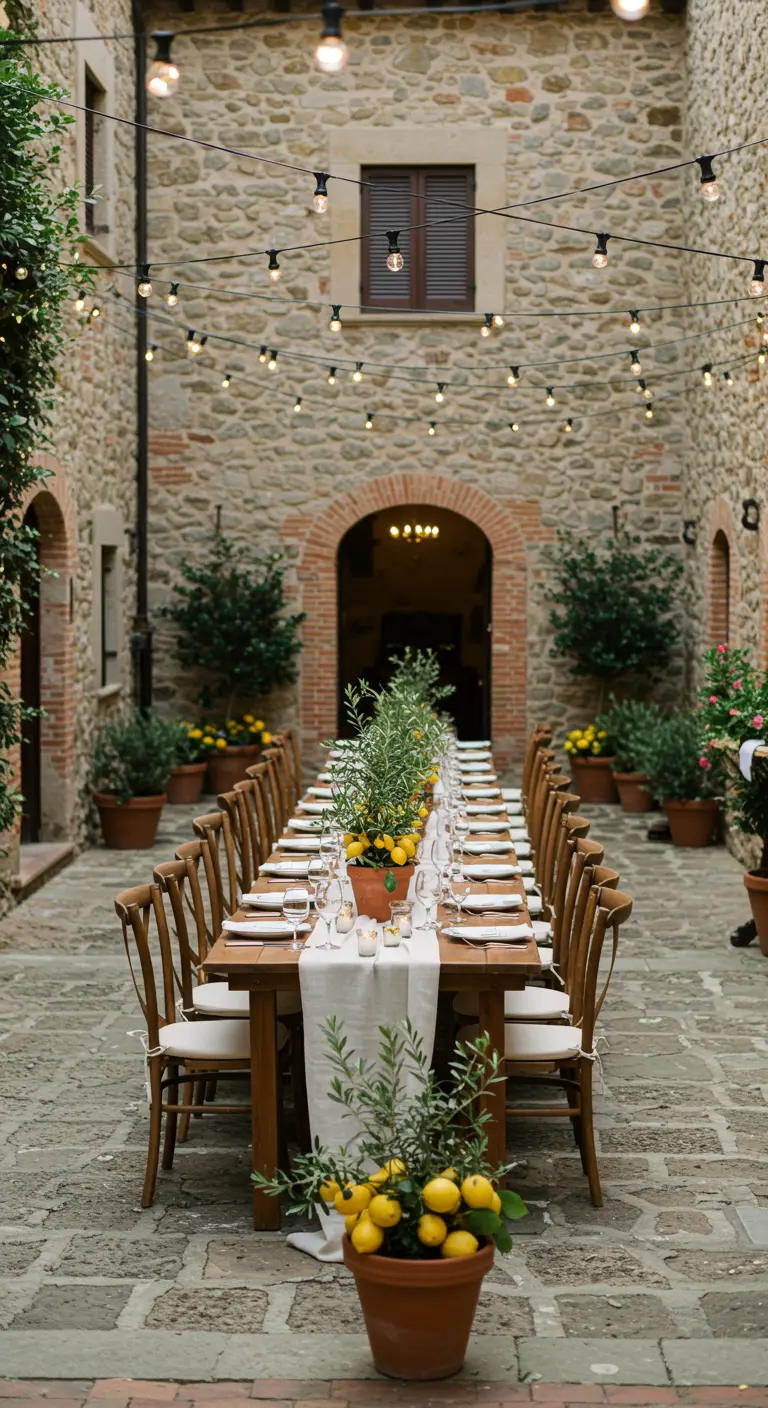 Tafel op Italiaanse binnenplaats met citroenen, olijftakken en lichtslingers.