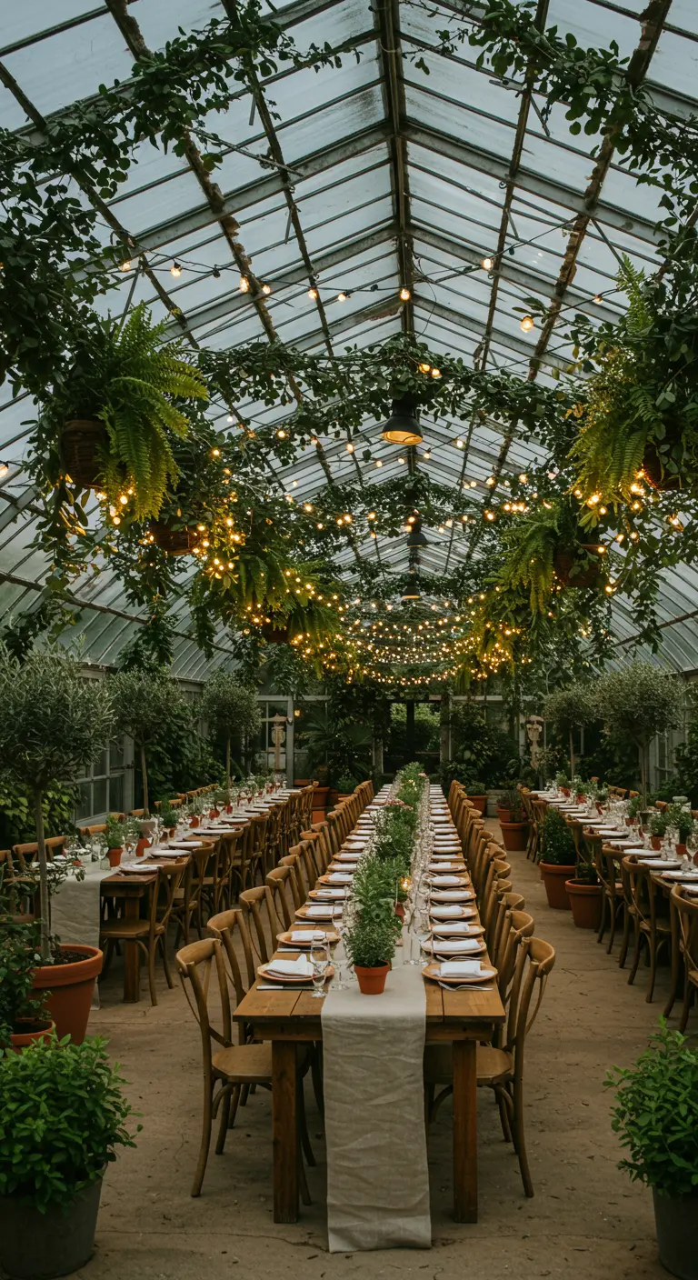 Glazen kas met lange houten tafels, sfeerlichtjes, hangende planten en kruidenpotten.