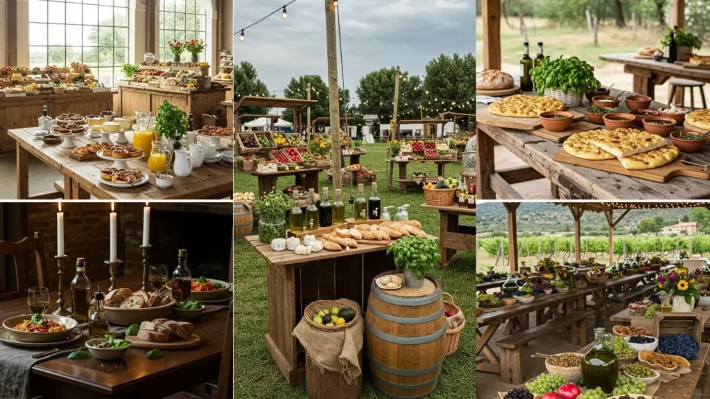 Diverse Italiaanse marktsferen en feestsettings met basilicum, olijfolie en houten tafels vol lekkernijen.