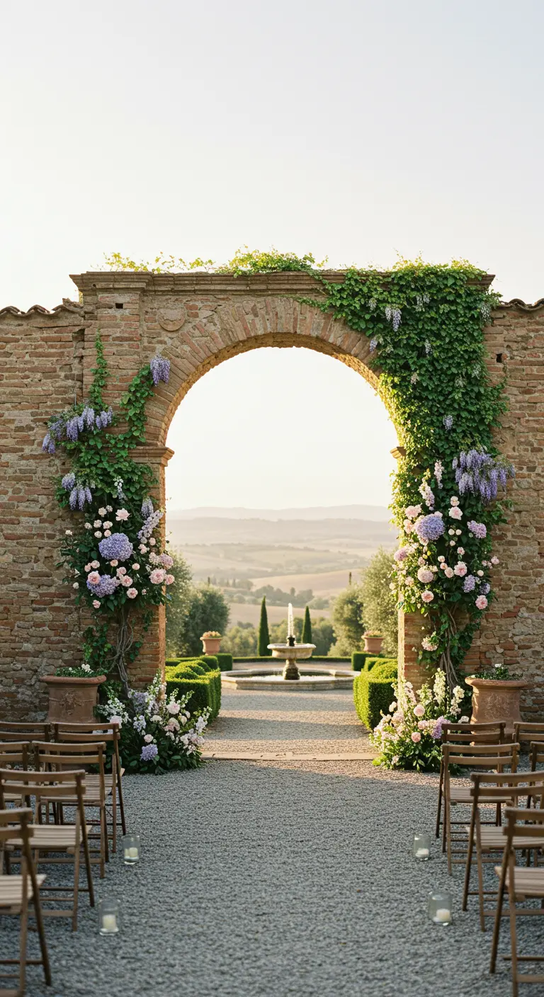 Stenen poort in tuin, versierd met klimmende paarse en roze bloemen, uitzicht op fontein.