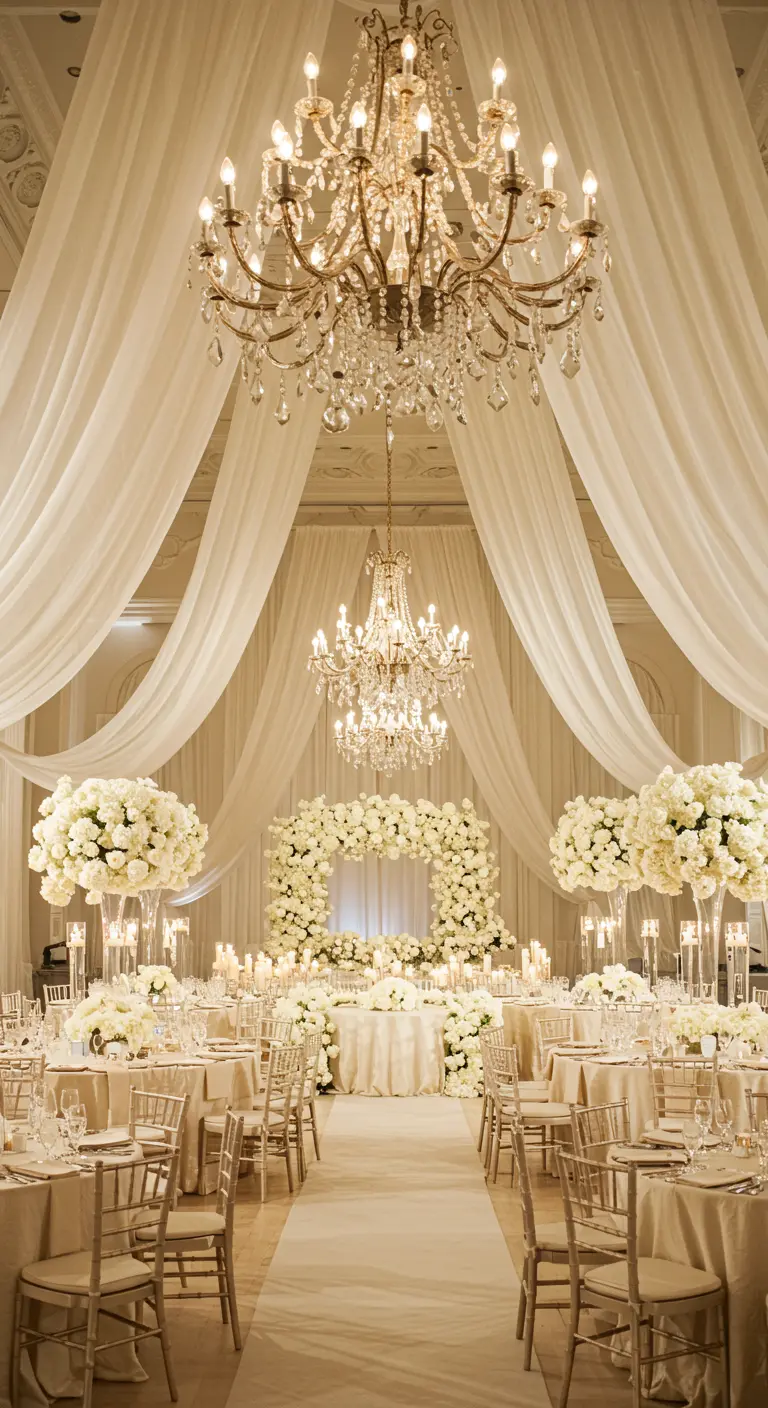 Elegante witte bruiloftssetting met draperieën, bloemen en kroonluchters.