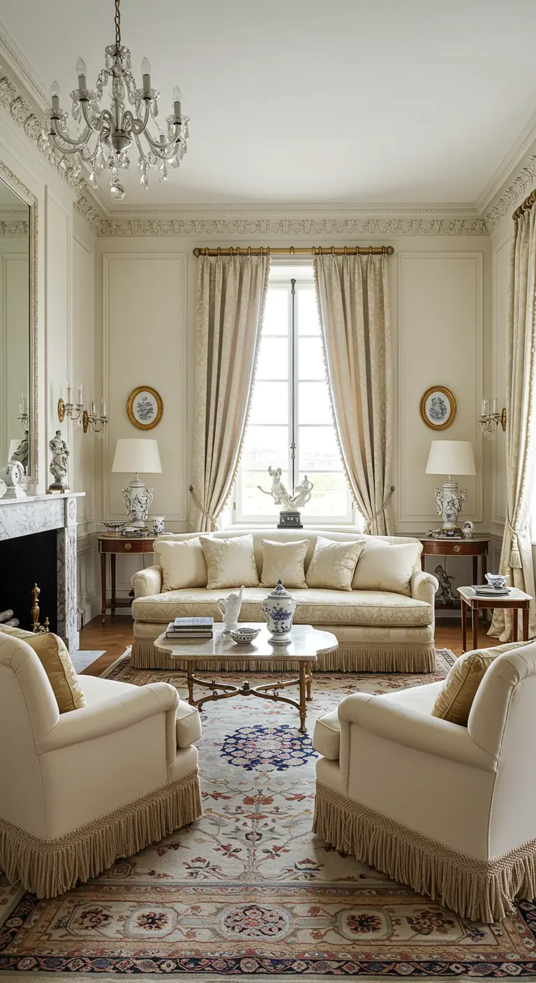 Klassieke woonkamer in ivoor, crème en lichtbeige tinten met elegante meubels.