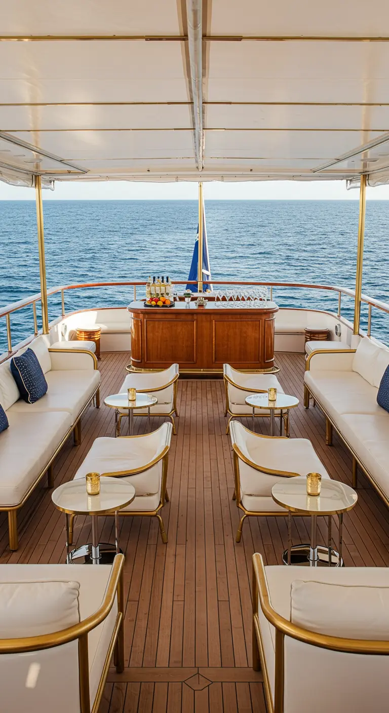 Jachtdek met loungebanken, bar en uitzicht op de zee.