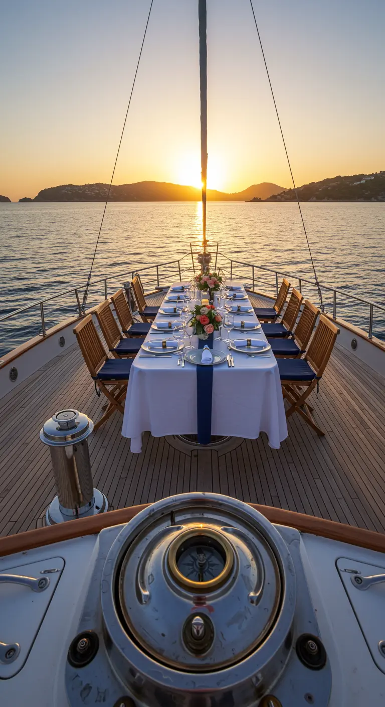 Luxe jacht op zee met gedekte eettafel en zonsondergang op de achtergrond