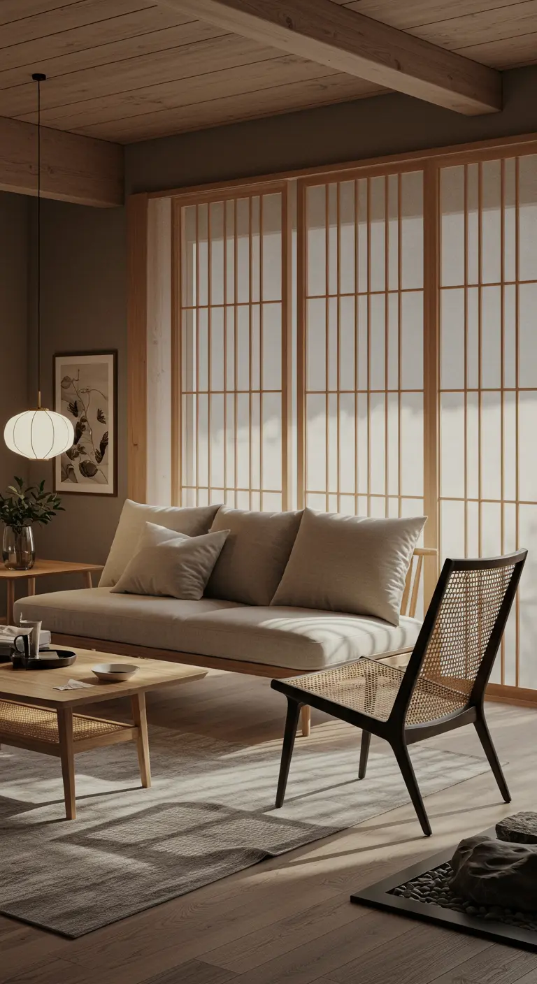 Japandi woonkamer met strakke rotan stoel, houten schuifpanelen en ingetogen kleuren.