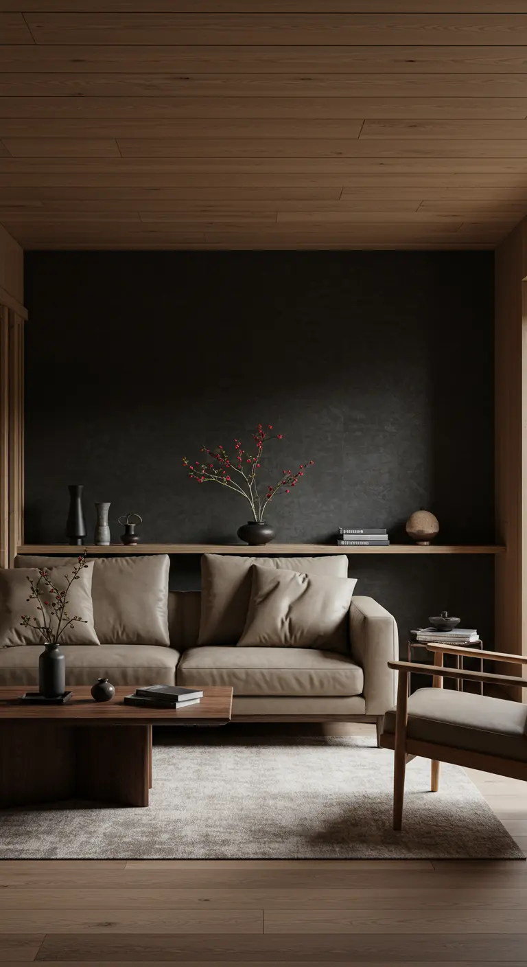 Japandi-stijl woonkamer met een donkere muur, een lichte bank en houten details.