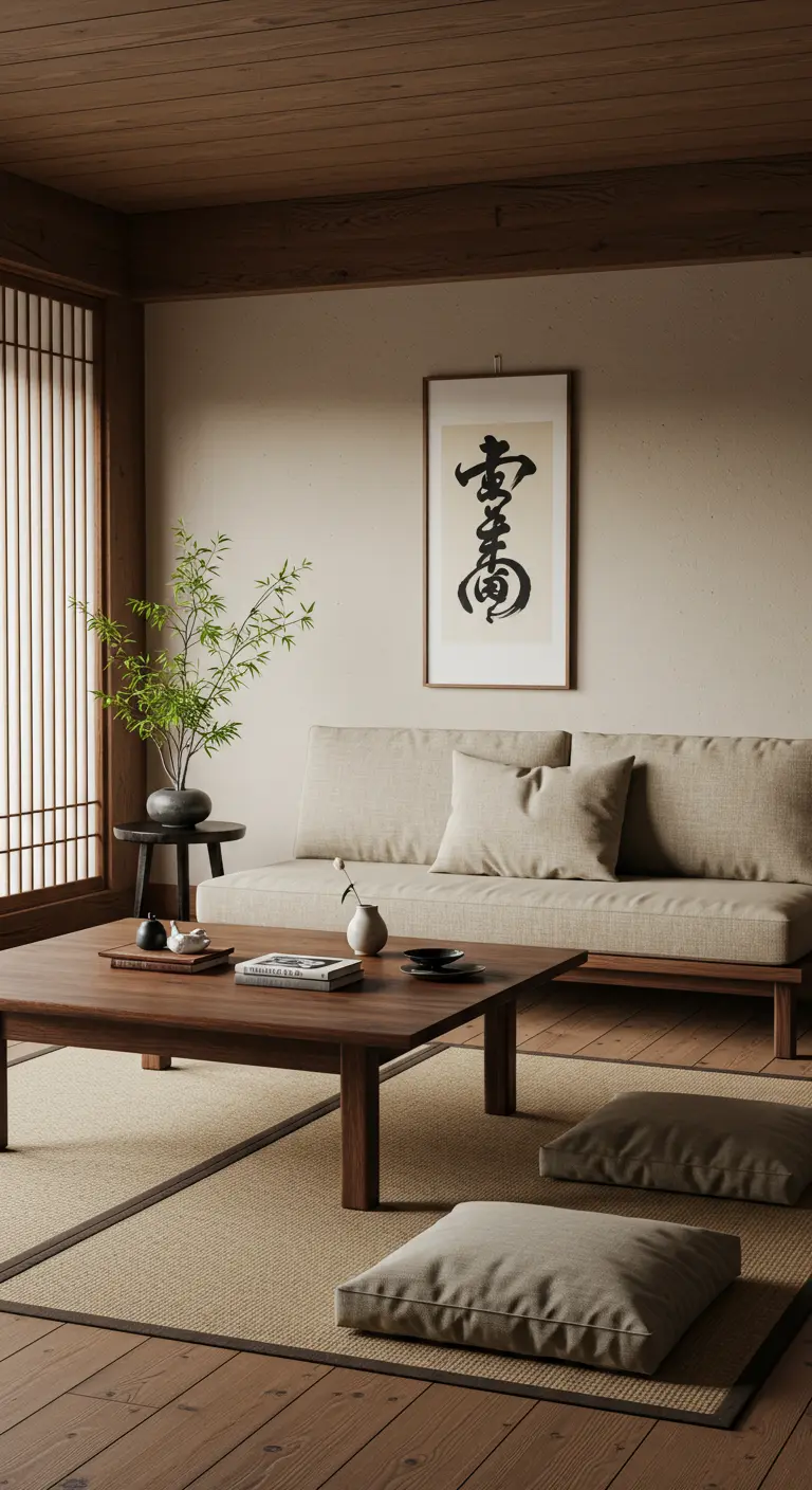 Japandi-stijl woonkamer met lage houten meubels, lichte kleuren en minimalistische decoratie.