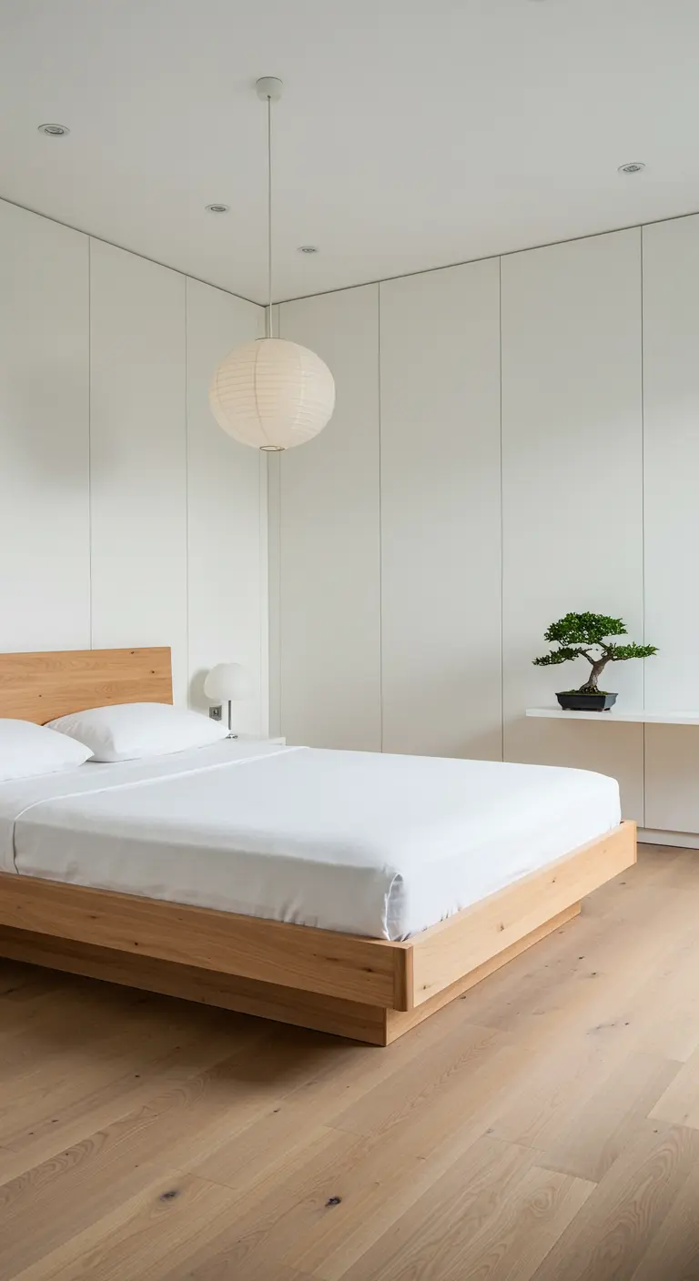 Minimalistische slaapkamer met wit beddengoed, houten bed en papieren lampion.
