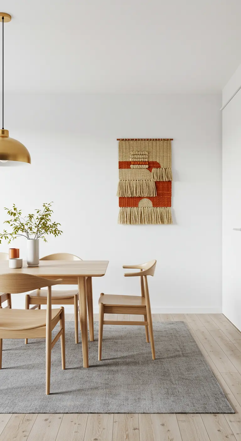 Minimalistische eetruimte met klein oranje-beige wandkleed en grijs tapijt.