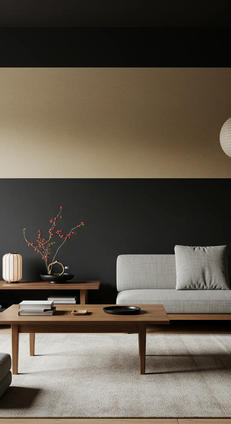 Minimalistische woonkamer met zwarte ondermuur en zandkleurige bovenmuur, Japandi stijl.