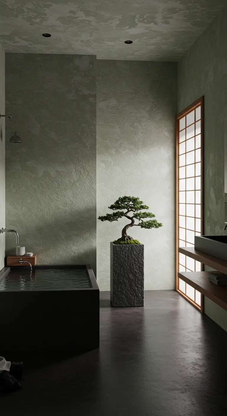 Japans geïnspireerde badkamer met donker bad, bonsaiboom en shoji-raam.