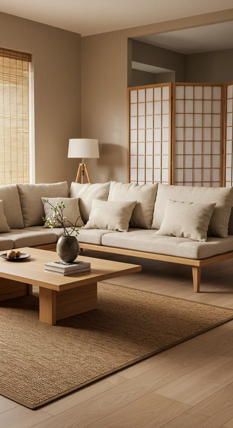 Lichte houten hoekbank in Japandi stijl met beige tinten en kamerscherm.