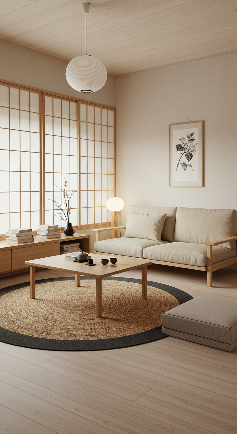 Japandi woonkamer met een rond naturel jute vloerkleed onder een houten salontafel.