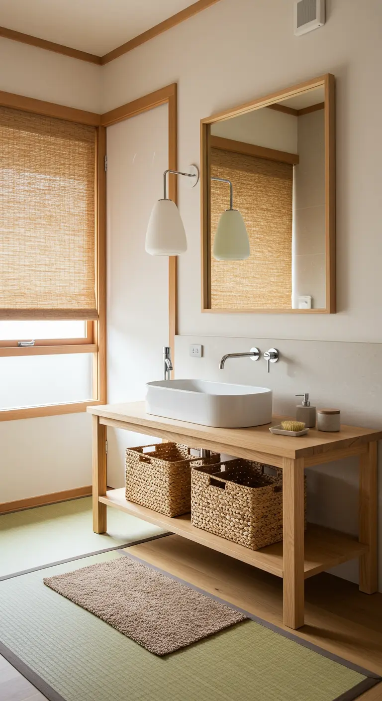 Japandi-stijl badkamer met houten wastafelmeubel en opbergmanden eronder.