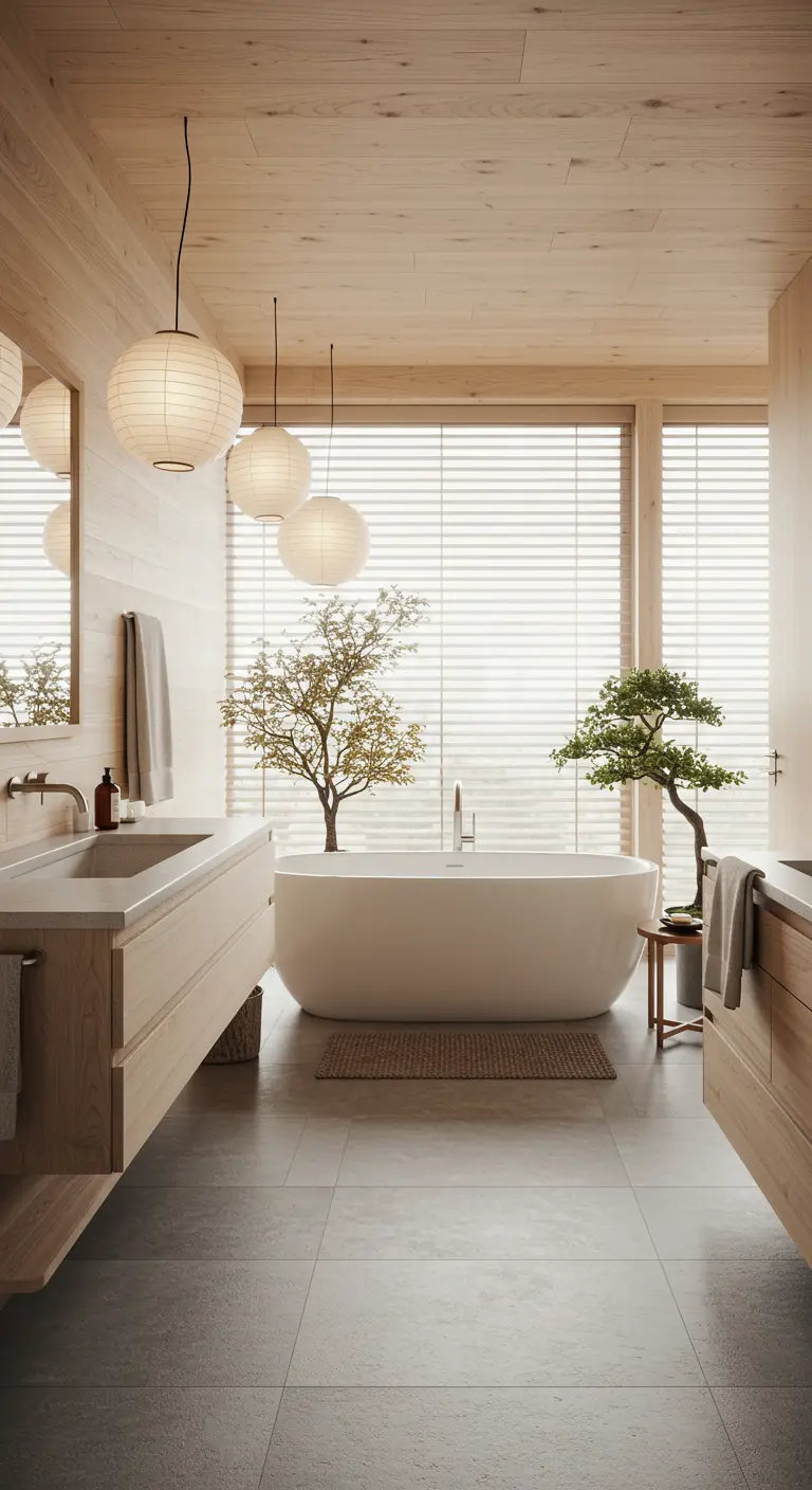 Lichte Japandi-stijl badkamer met houten meubels, vrijstaand bad, grote ramen en bonsaibomen.