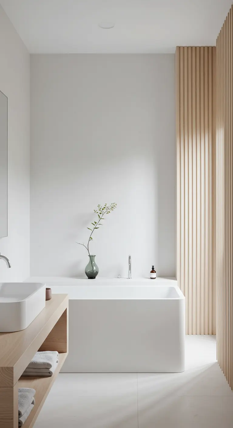 Witte Japandi badkamer met houten lattenwand, minimalistisch bad en wastafel.