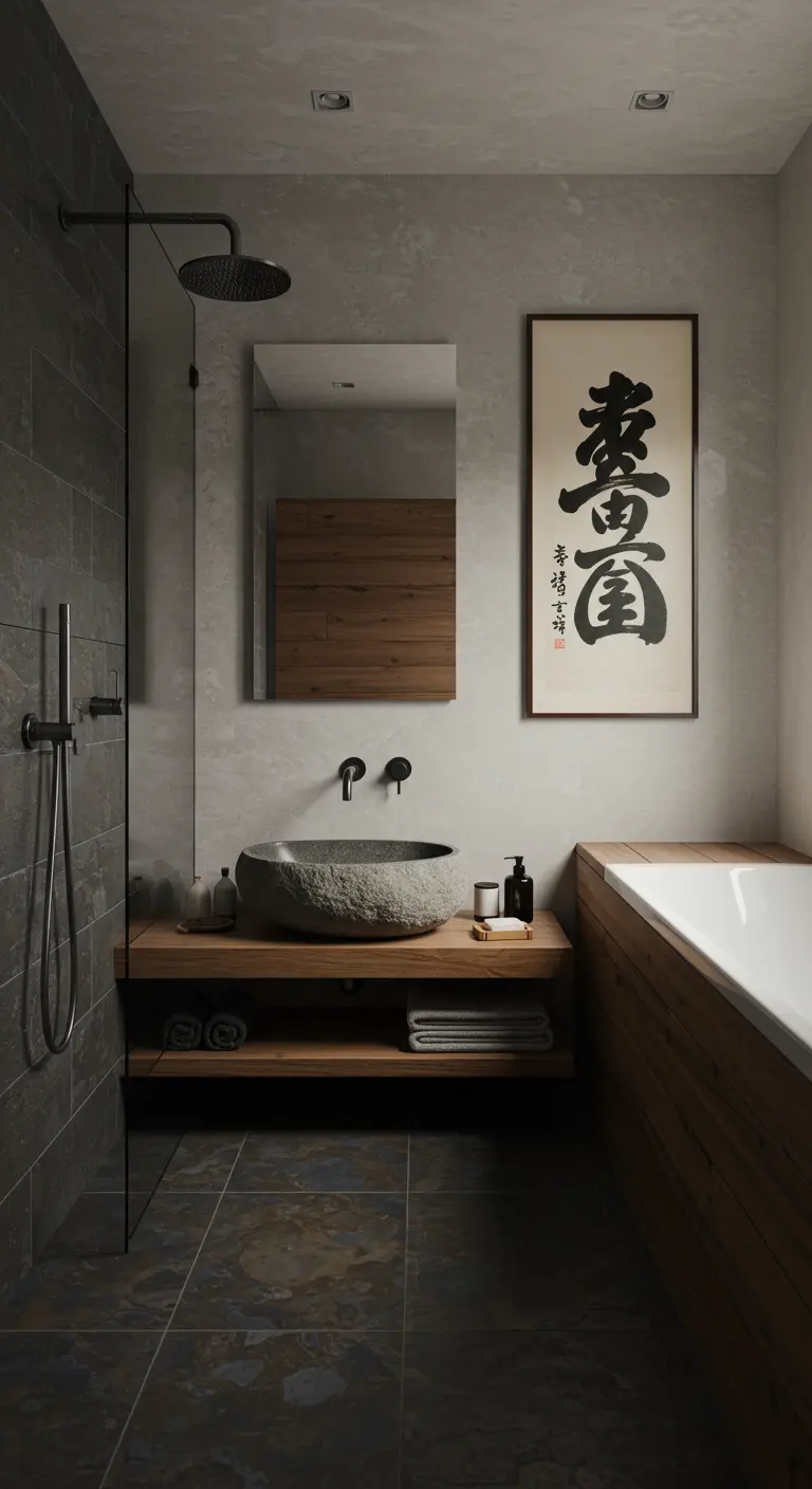 Japandi badkamer met een groot kalligrafiepaneel, houten elementen en een stenen waskom.