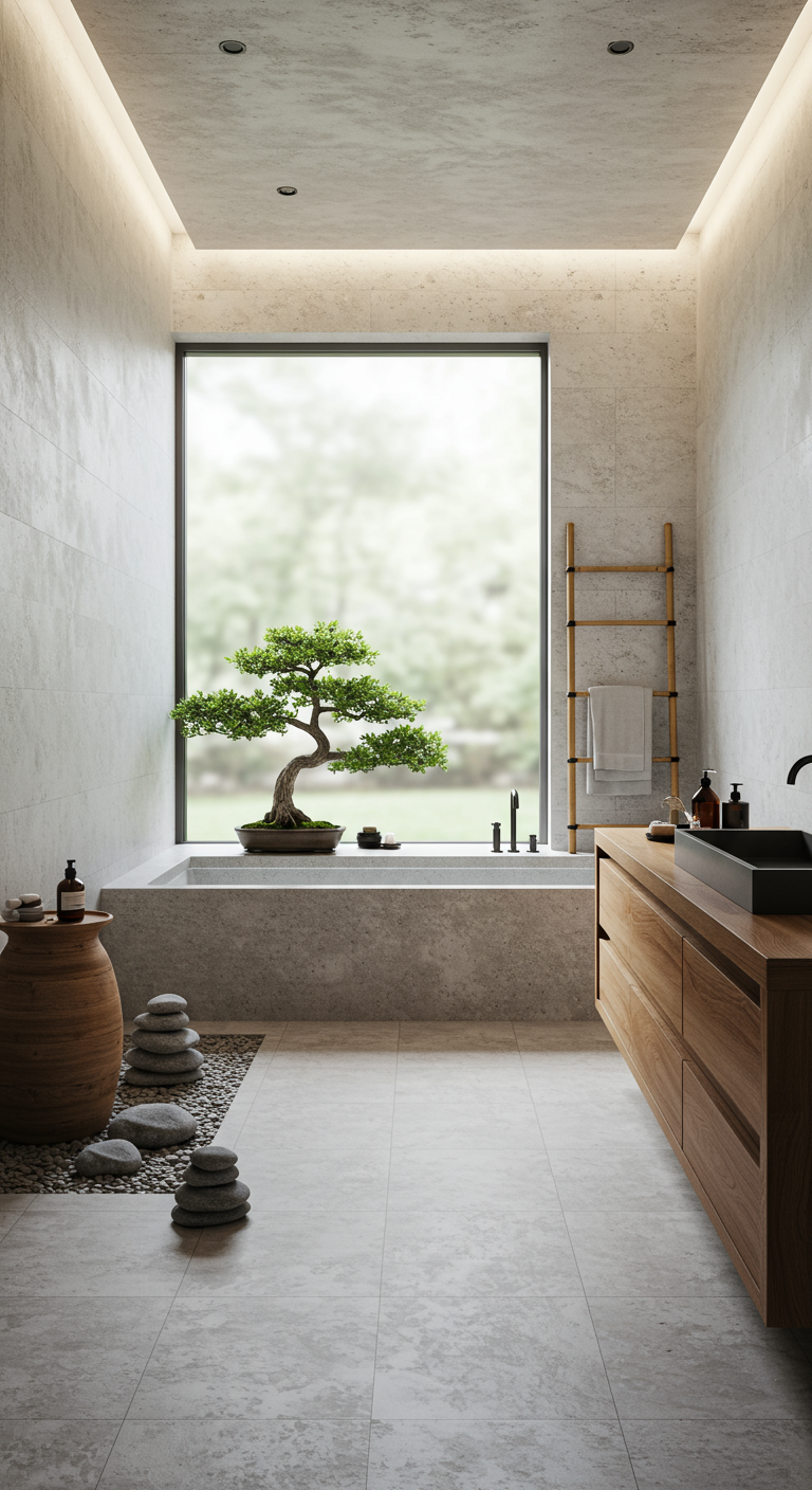 Japandi-stijl badkamer met bonsai boom bij het bad, houten meubel en stenen.
