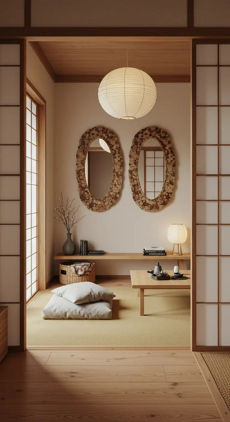 Twee ovale spiegels met onregelmatige, getextureerde lijsten in een lichte Japandi-stijl kamer.