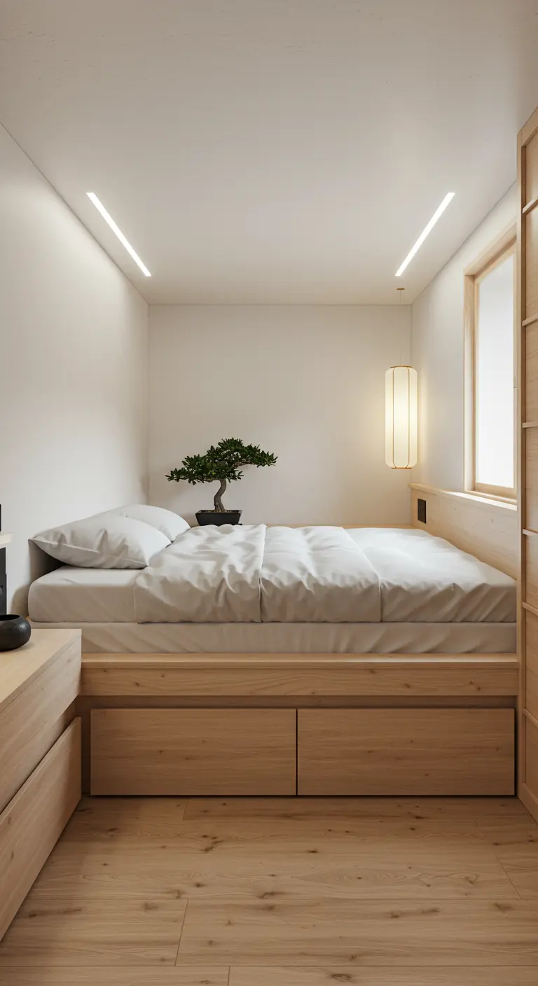 Minimalistische Japandi slaapkamer met een laag houten platformbed, witte muren en een bonsai boompje.