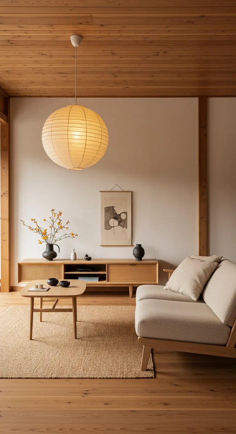 Japandi woonkamer met houten meubels, papieren lampion en beige tinten.