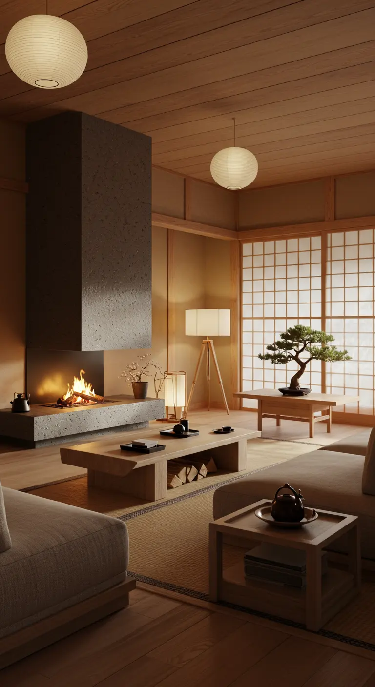 Japandi-stijl woonkamer met minimalistische haard, lichte houtsoorten en bonsai.