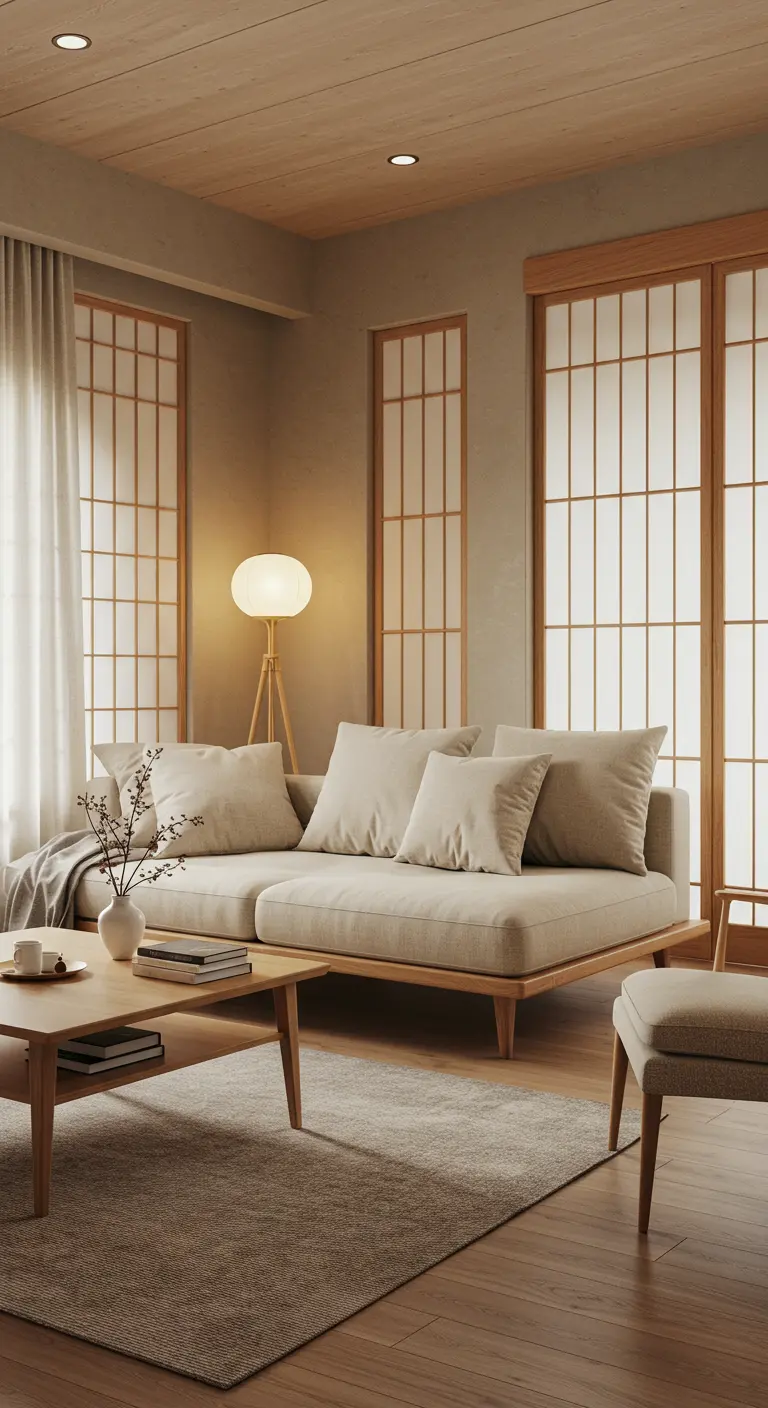 Japandi-stijl zithoek met lage bank, lichte kleuren en shoji-schermen.