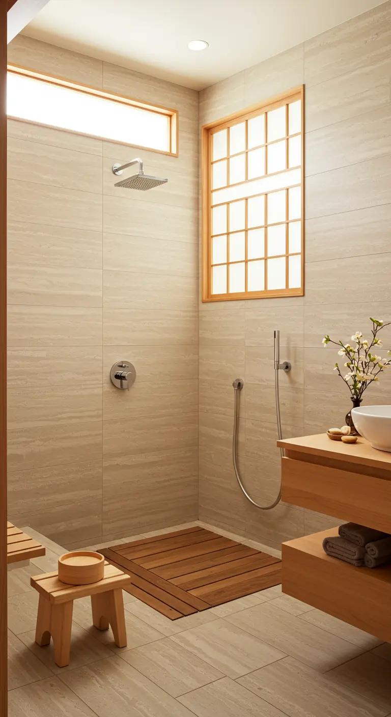 Japandi-stijl douche met lichte houtlook tegels, houten vlonder en Shoji-raam.