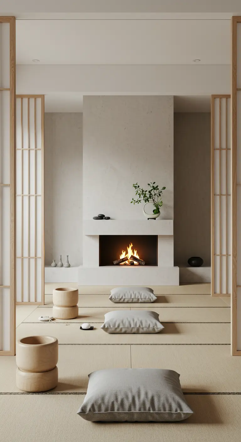 Minimalistische, moderne open haard in Japandi-stijl met kussens op de vloer en simpele plant.