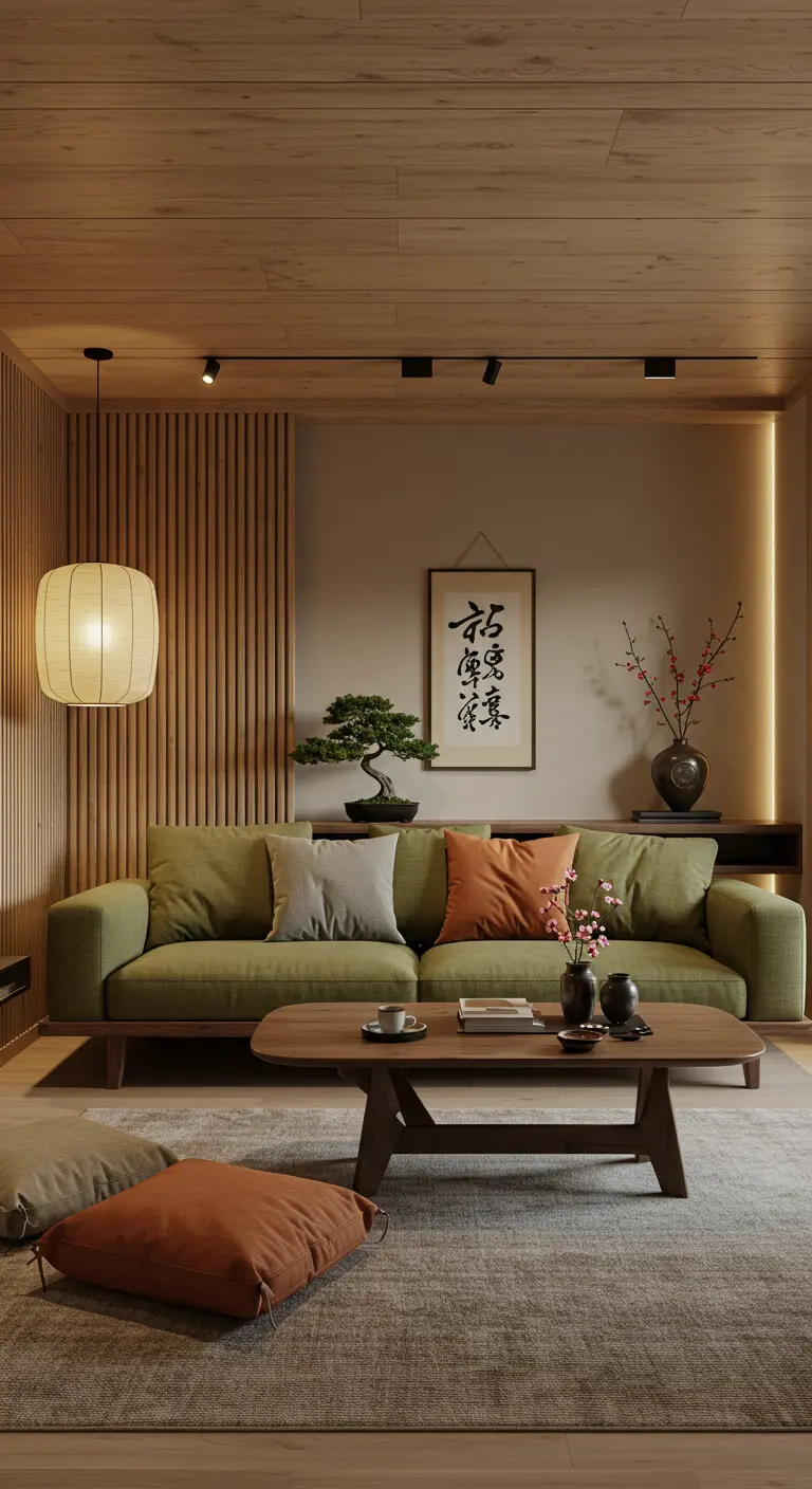 Japandi-stijl woonkamer met olijfgroene bank, houten lattenwand en bonsaiboom.