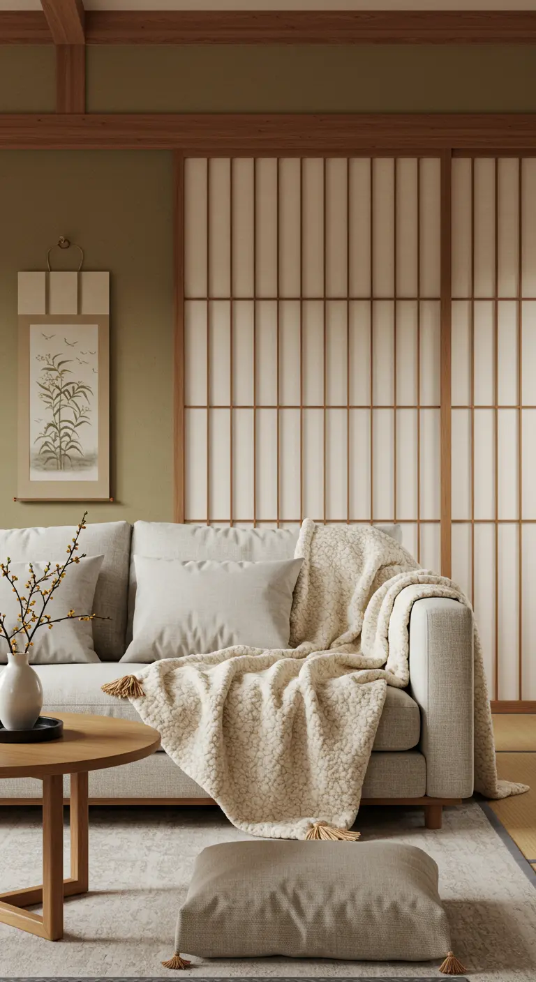 Japandi-stijl woonkamer met lichte bank, zachte plaids en een kamerscherm.