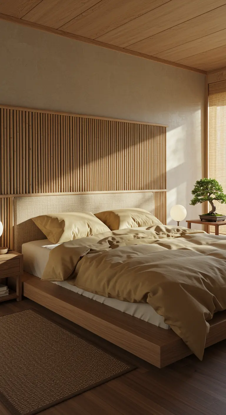 Hoofdbord van verticale houten latten in een minimalistische Japandi-stijl slaapkamer.