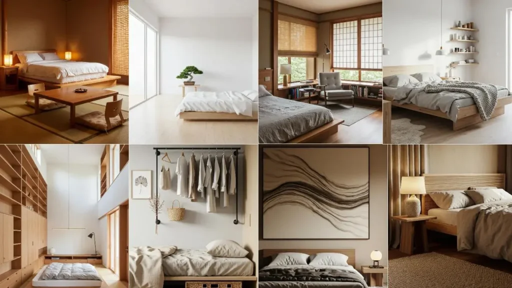 Collage van zen Japandi slaapkamers, minimalistisch met natuurlijke materialen en rustige kleuren.